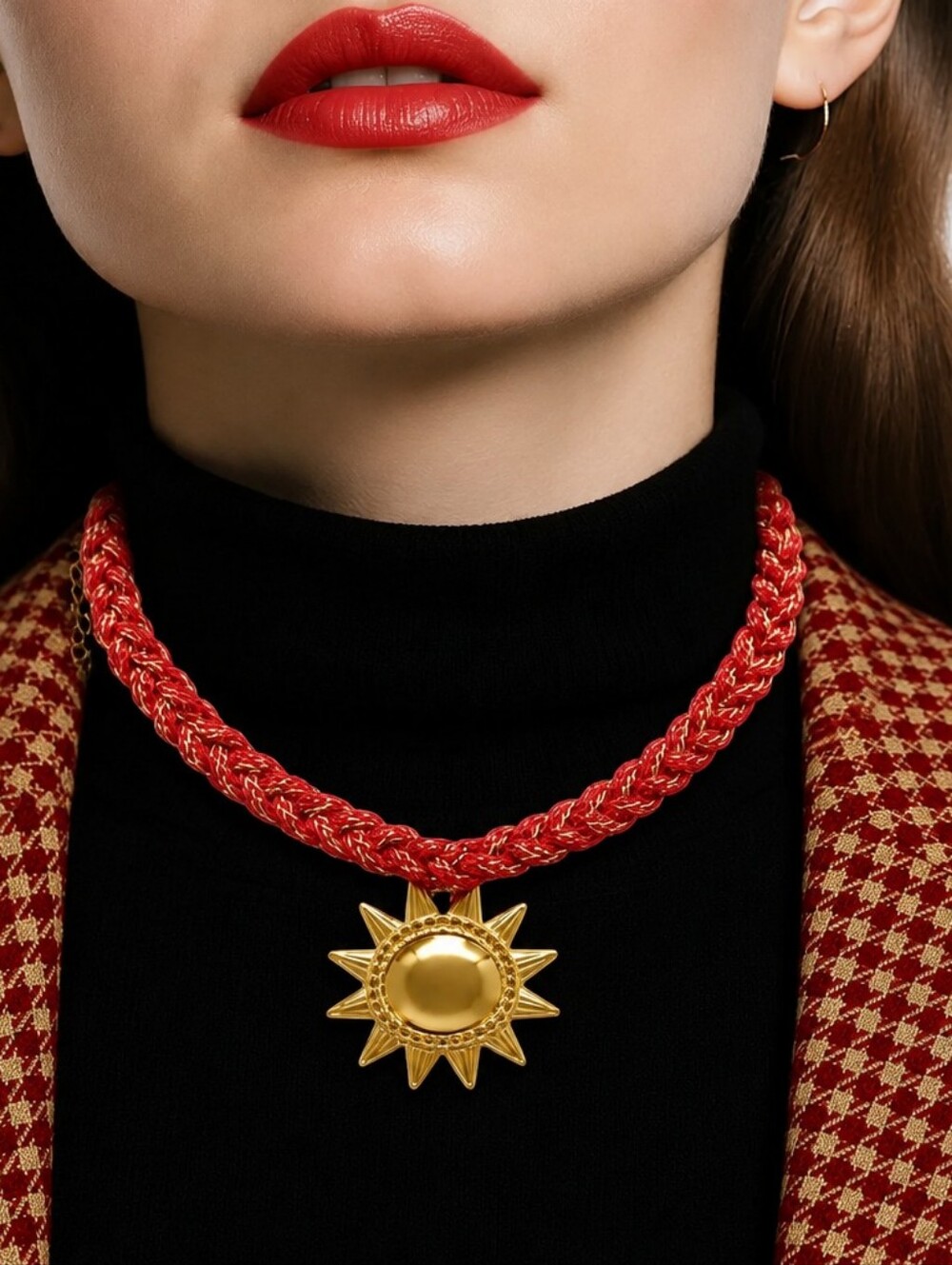 Mayamar Red Woven Sun Pendant Necklace & Gift Bag